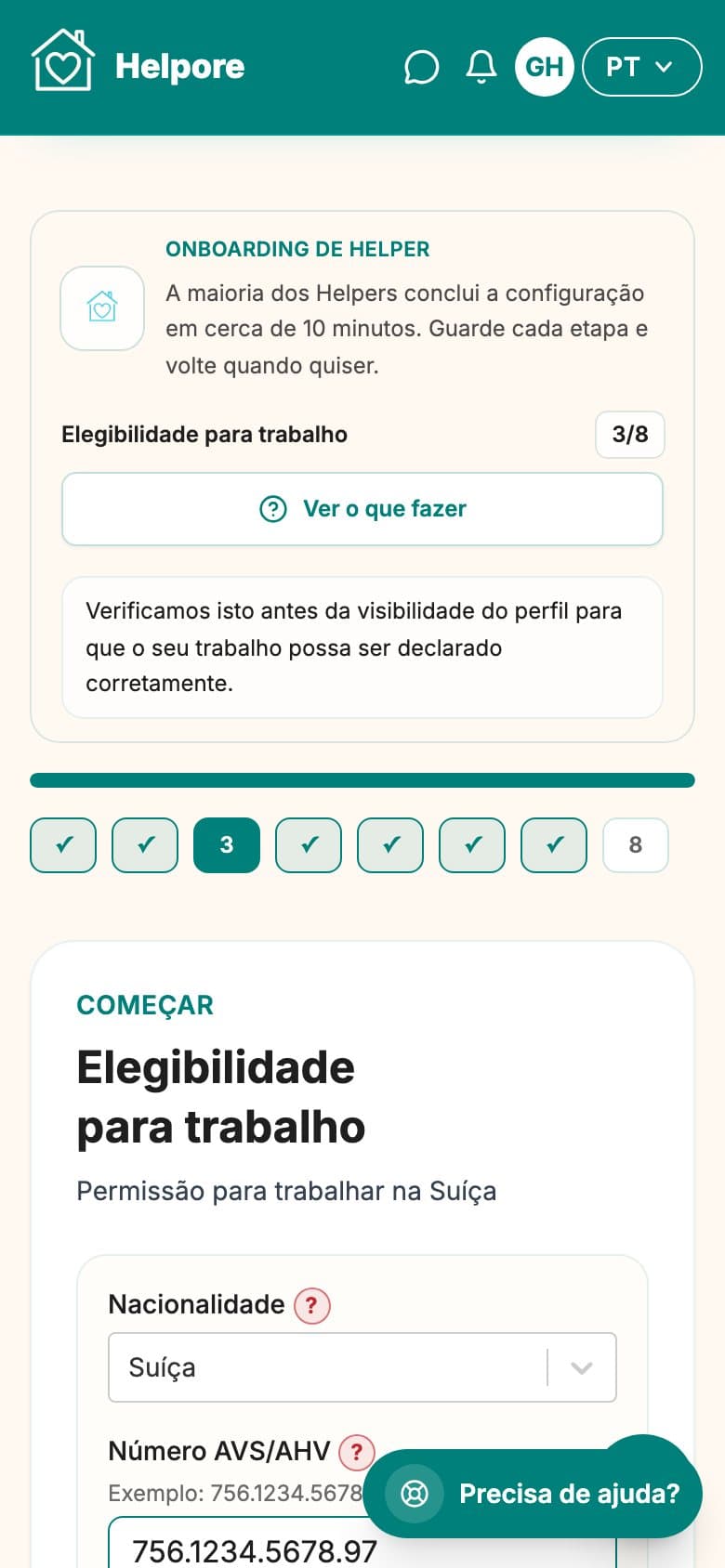 Captura de ecrã no telemóvel do passo de direito a trabalhar Helper.