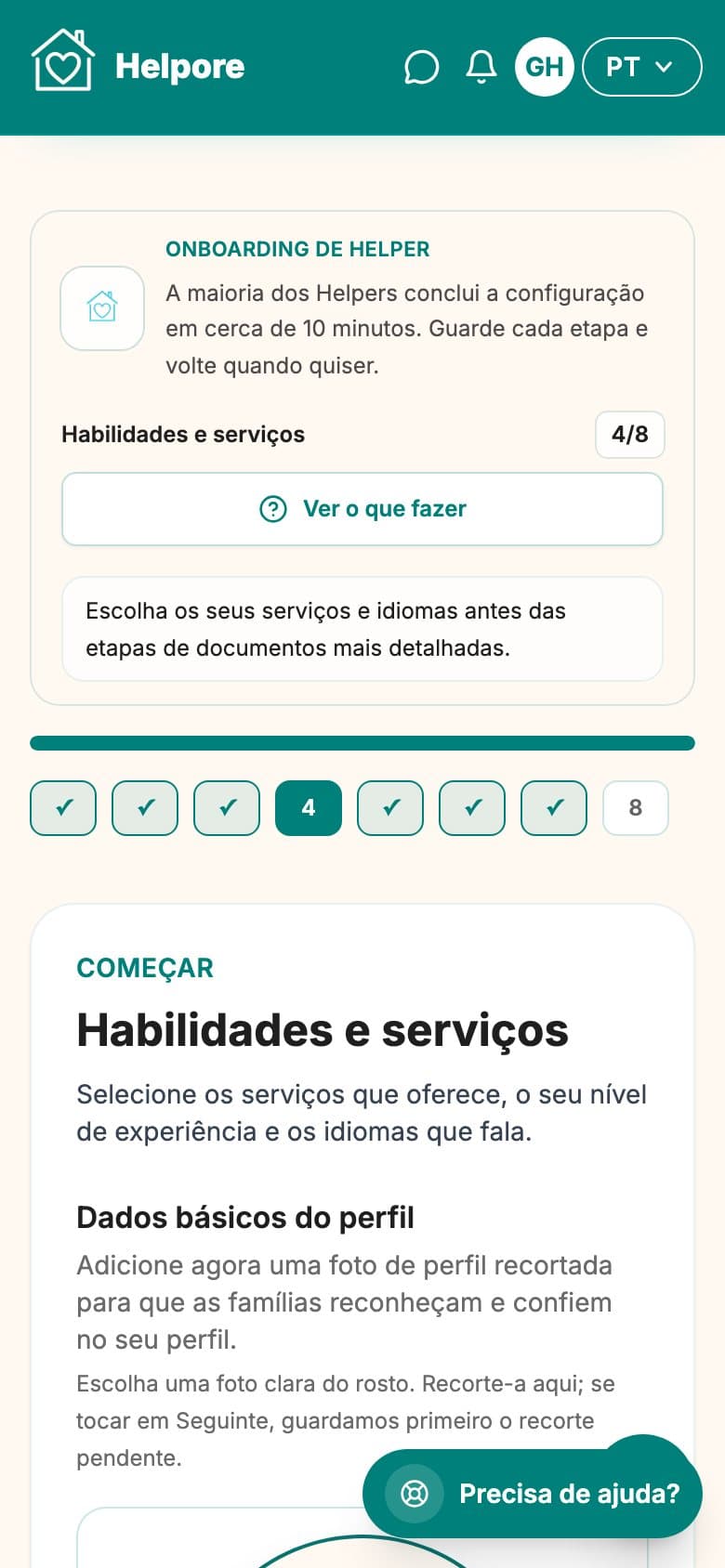 Captura de ecrã no telemóvel do passo de serviços, extras, etiquetas e línguas.