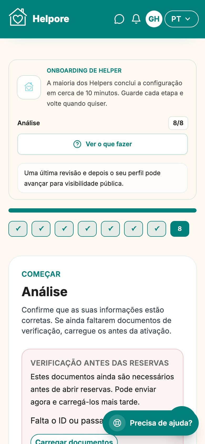Captura movel do passo de revisao e envio do onboarding helper.