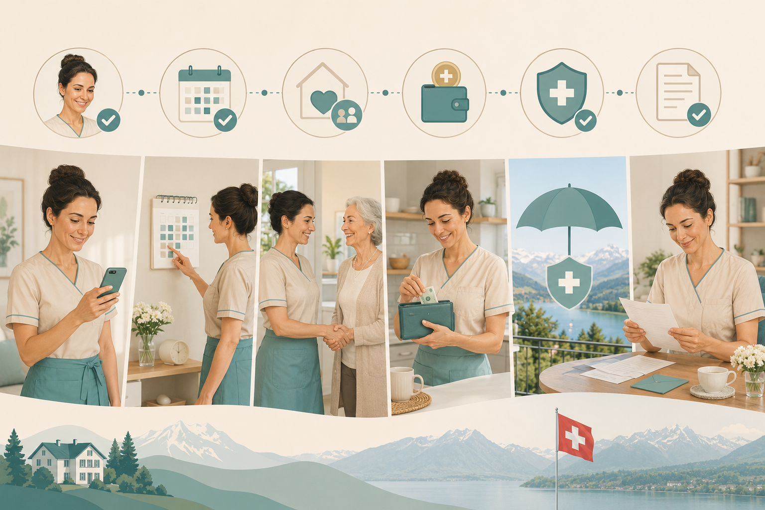 Ilustração da jornada do helper na Helpore, desde perfil verificado e disponibilidade até reservas, pagamento em conformidade, seguros e documentos na Suíça