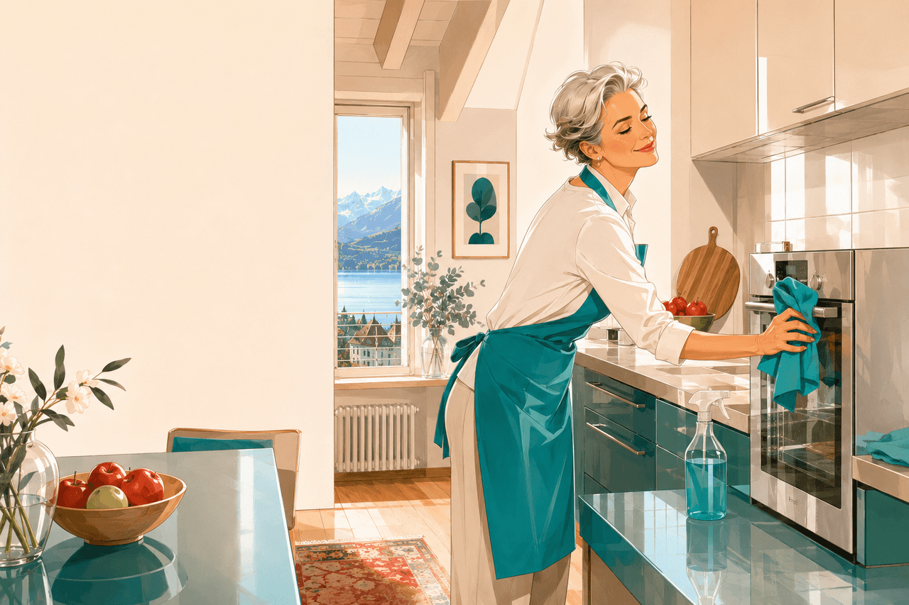 A home helper in a teal apron wiping the oven during a move-out clean in a bright Swiss kitchen with a lake and Alps view