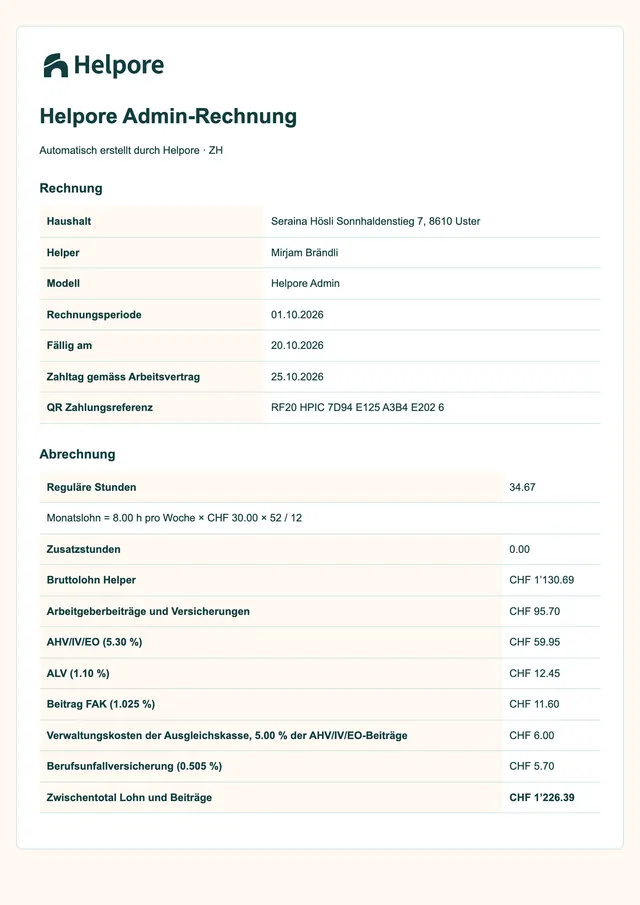 Ejemplo de factura mensual Helpore Admin con nombres ficticios para el hogar de ejemplo: la fecha de vencimiento, el día de pago y la referencia de pago QR, y luego el salario bruto y las cotizaciones del empleador y los seguros detallados, con su subtotal.