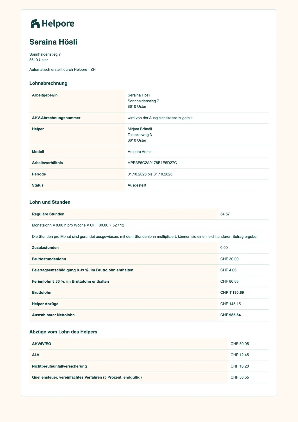 Ejemplo de recibo de nómina mensual con nombres ficticios para el hogar de ejemplo: el empleador y el Helper, el mes, las horas, el salario bruto, las deducciones detalladas y el salario neto.
