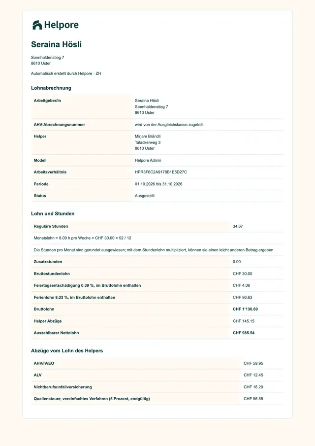 Ejemplo de recibo de nómina mensual con nombres ficticios para el hogar de ejemplo: el empleador y el Helper, el mes, las horas, el salario bruto, las deducciones detalladas y el salario neto.