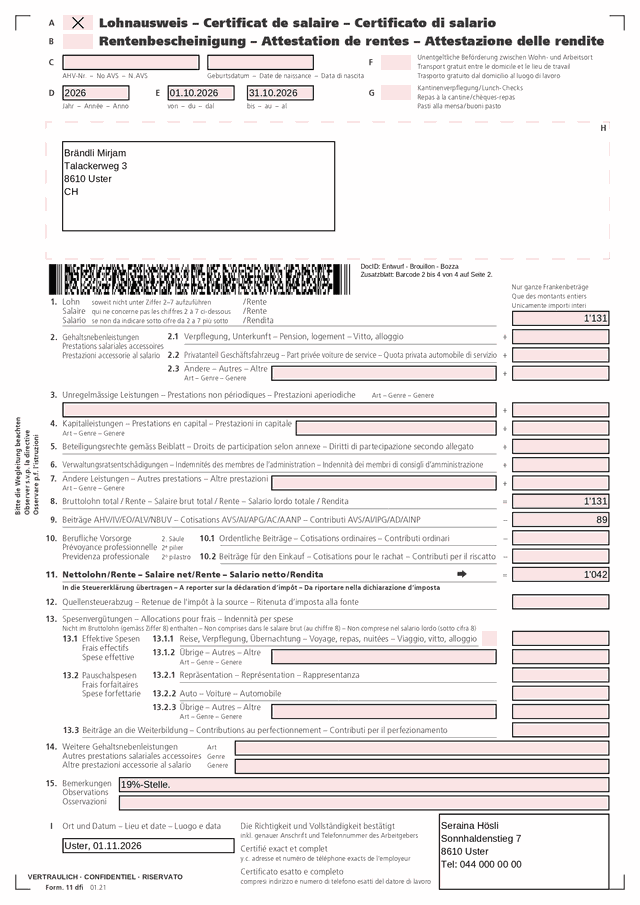 Example salary certificate with fictional names for the example household, on the official ESTV form for the example's months of employment: the household as employer and the Helper with their addresses, the period, the salary, the gross total, the AHV/IV/EO/ALV/NBUV contributions and the net salary, then the remarks and the signature block.