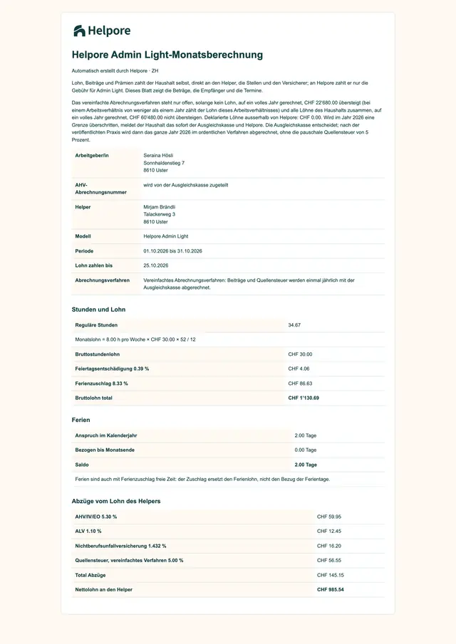 Beispiel eines monatlichen Berechnungsblatts mit erfundenen Namen für den Beispielhaushalt: Arbeitgeber und Helper, der Monat, der Zahltag, das Abrechnungsverfahren sowie die Stunden und der Ferienzuschlag, aus denen sich der Bruttolohn ergibt.