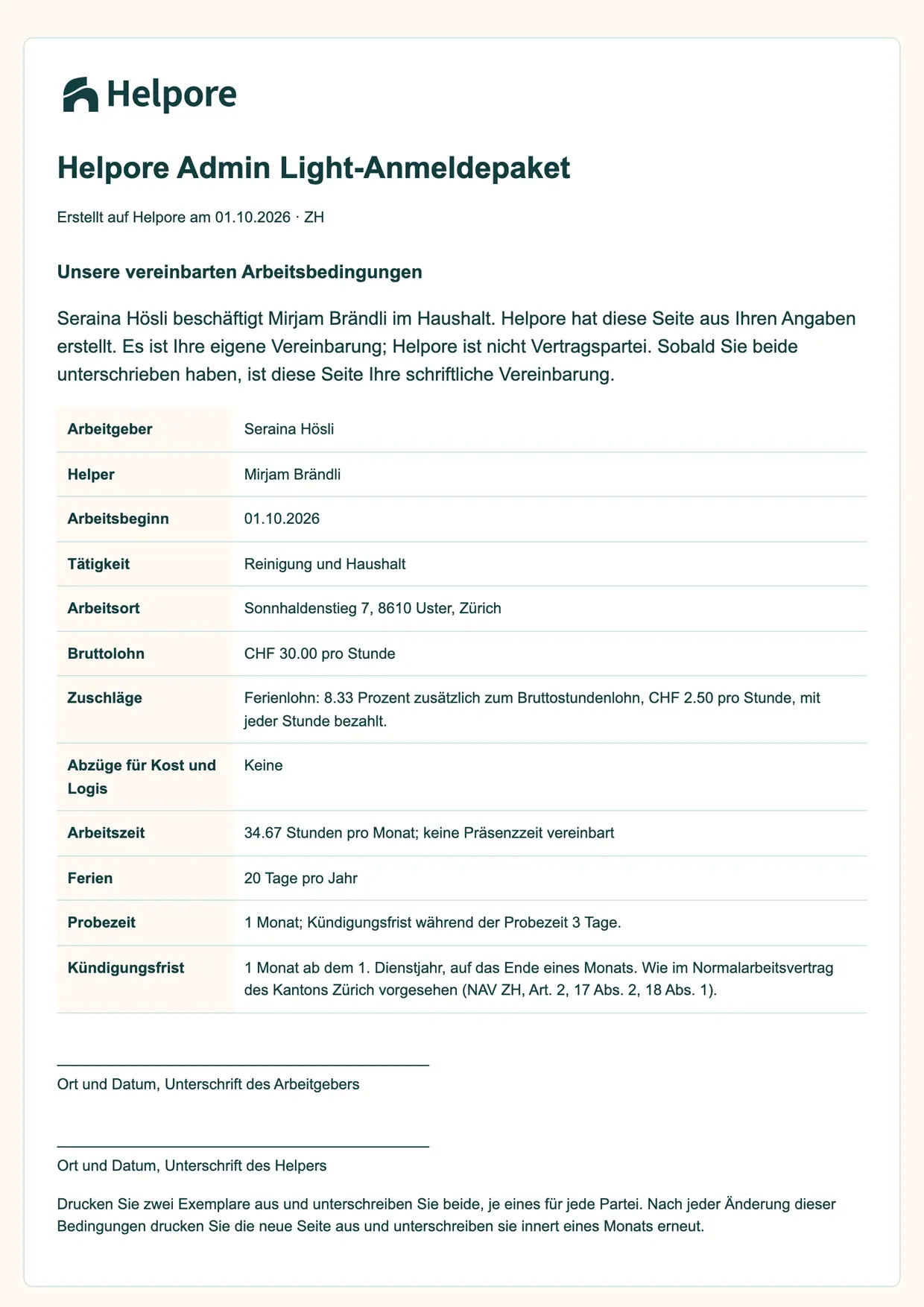 Beispiel eines AHV-Anmeldepakets mit erfundenen Namen, ausgefüllt für den Beispielhaushalt: die erste Seite mit den vereinbarten Arbeitsbedingungen wie Arbeitsbeginn, Stundenlohn, Ferienlohn, Arbeitszeit, Ferien und Kündigungsfrist sowie den beiden Unterschriftszeilen.