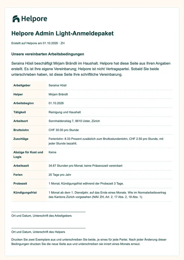 Beispiel eines AHV-Anmeldepakets mit erfundenen Namen, ausgefüllt für den Beispielhaushalt: die erste Seite mit den vereinbarten Arbeitsbedingungen wie Arbeitsbeginn, Stundenlohn, Ferienlohn, Arbeitszeit, Ferien und Kündigungsfrist sowie den beiden Unterschriftszeilen.